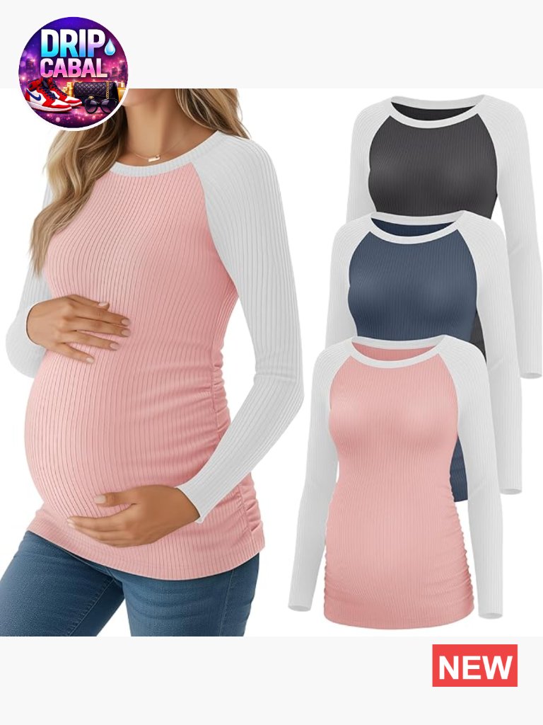 Maternity Long Sleeve Ribbed Knit Cotton Baseball Tops Side Ruched